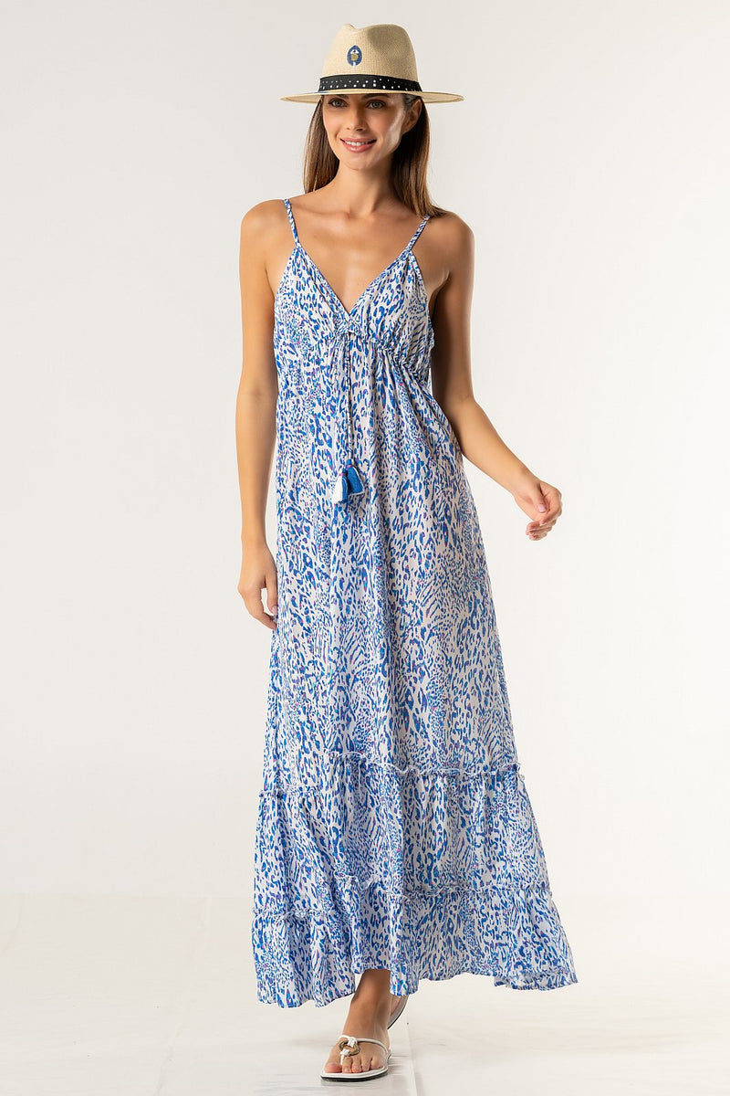 Blue Print Open Back Maxi Dress