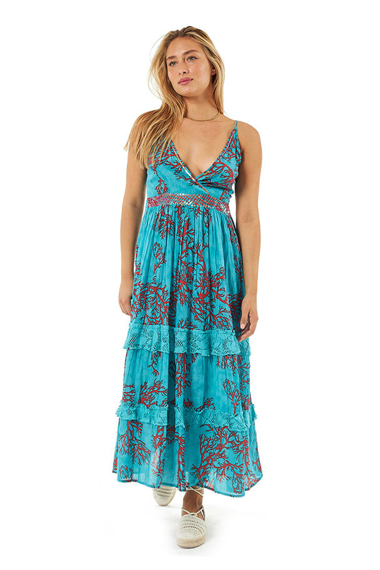Turquoise Coral Print Maxi Cotton Dress