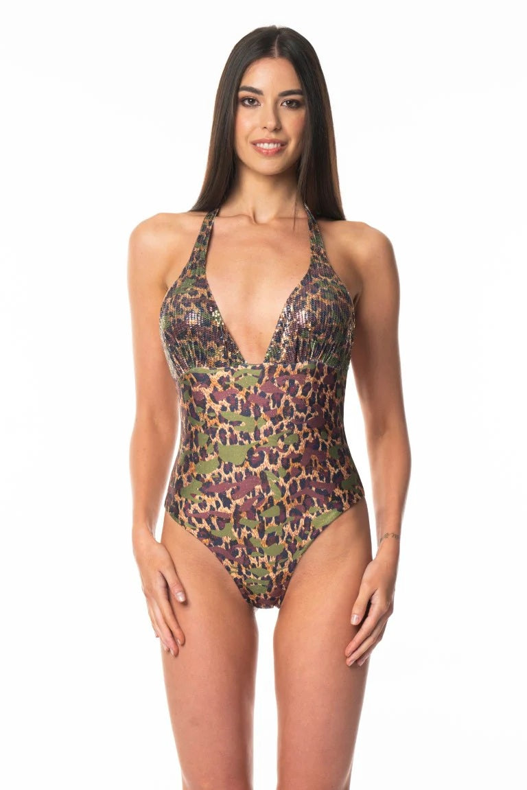 Wild Allure Sequin One-Piece – Metallic Jungle Print