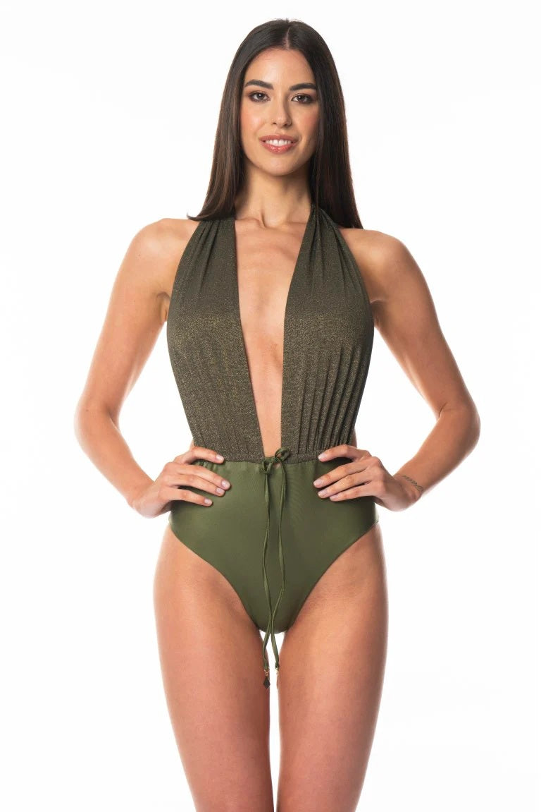 Luxe Plunge One-Piece – Metallic Olive