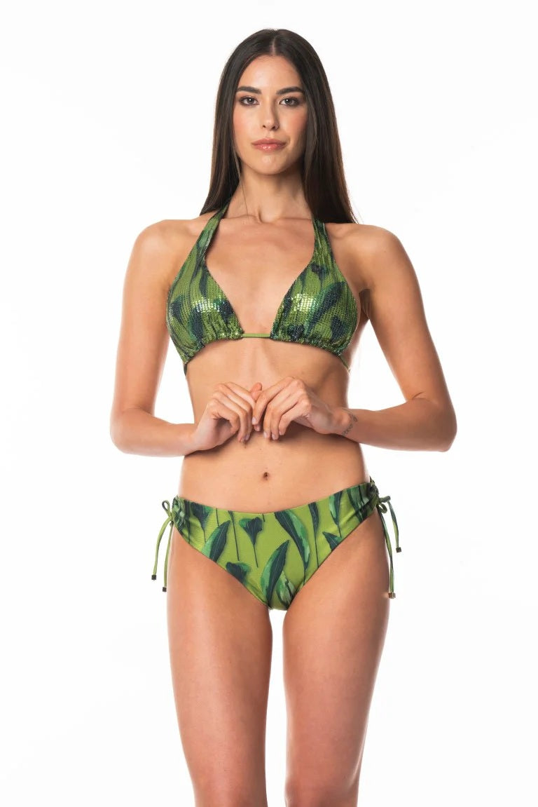 Jungle Glow Sequin Bikini Set – Green Leaf Print