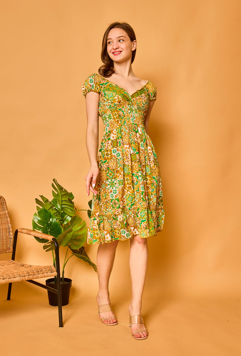 Lime Green Floral Print Silk Dress  Mar Y Sol Boutique