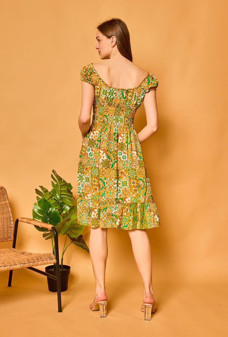 Green Floral Print Silk Dress