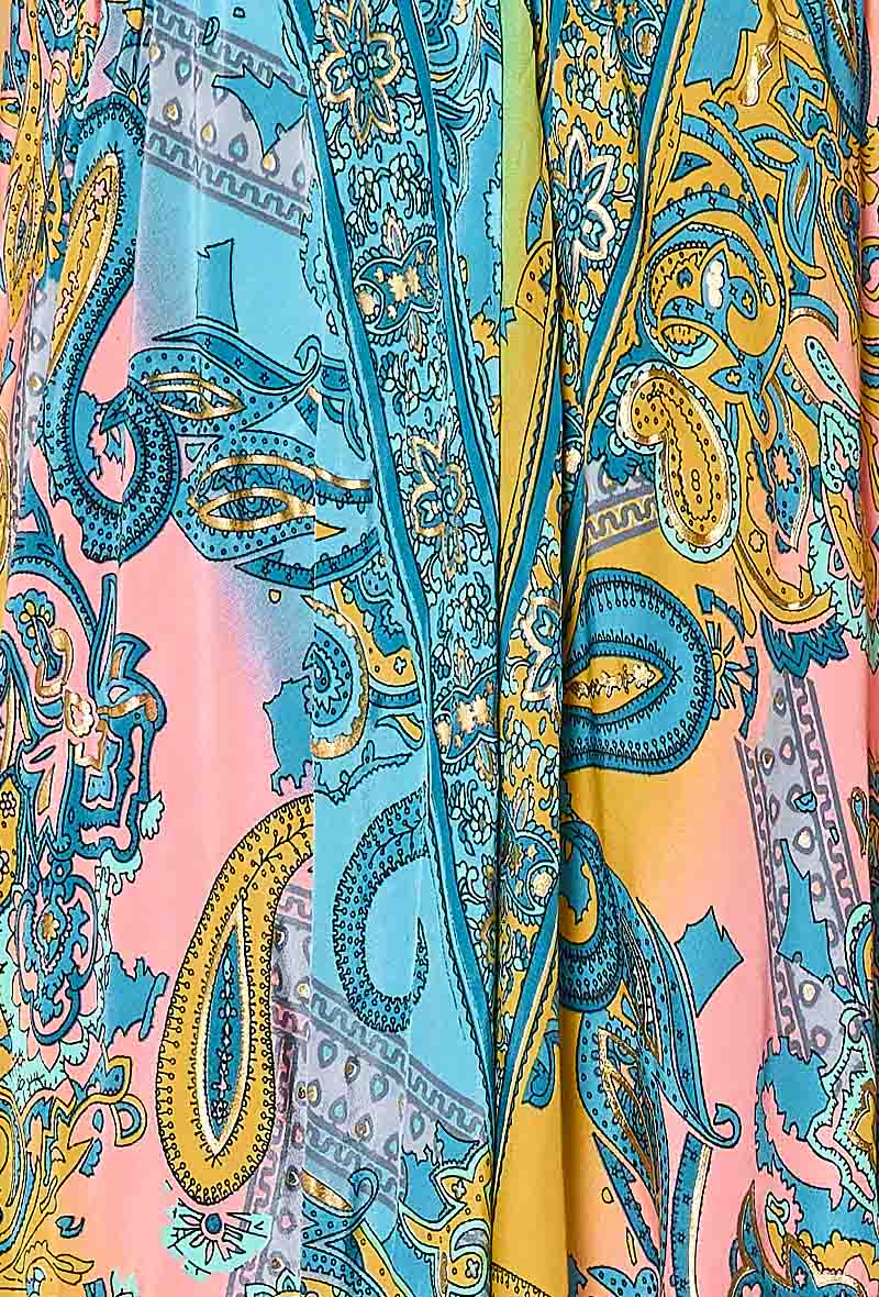Light Blue Paisley Print Maxi Silk Dress With An Open Back