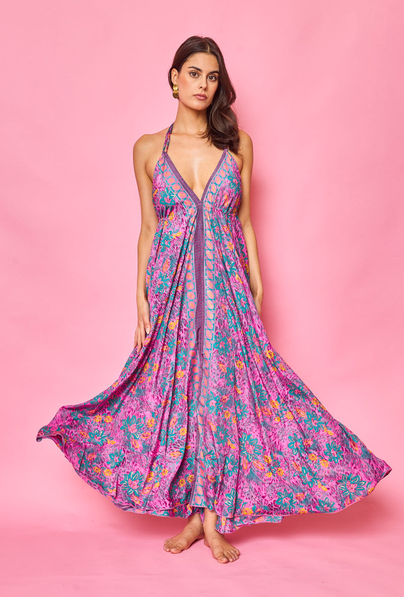 Purple Floral Maxi Silk Dress With An Open Back