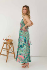 Mint Paisley Print Maxi Silk Dress With An Open Back