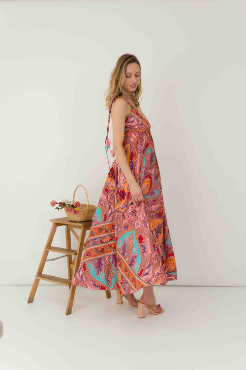 Multi Paisley Print Maxi Silk Dress With An Open Back