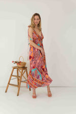 Multi Paisley Print Maxi Silk Dress With An Open Back