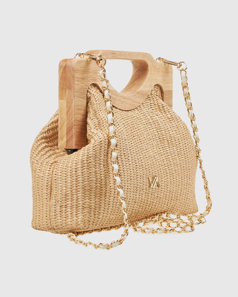Beige Straw Evening Handbag – Wooden Handle & Removable Strap