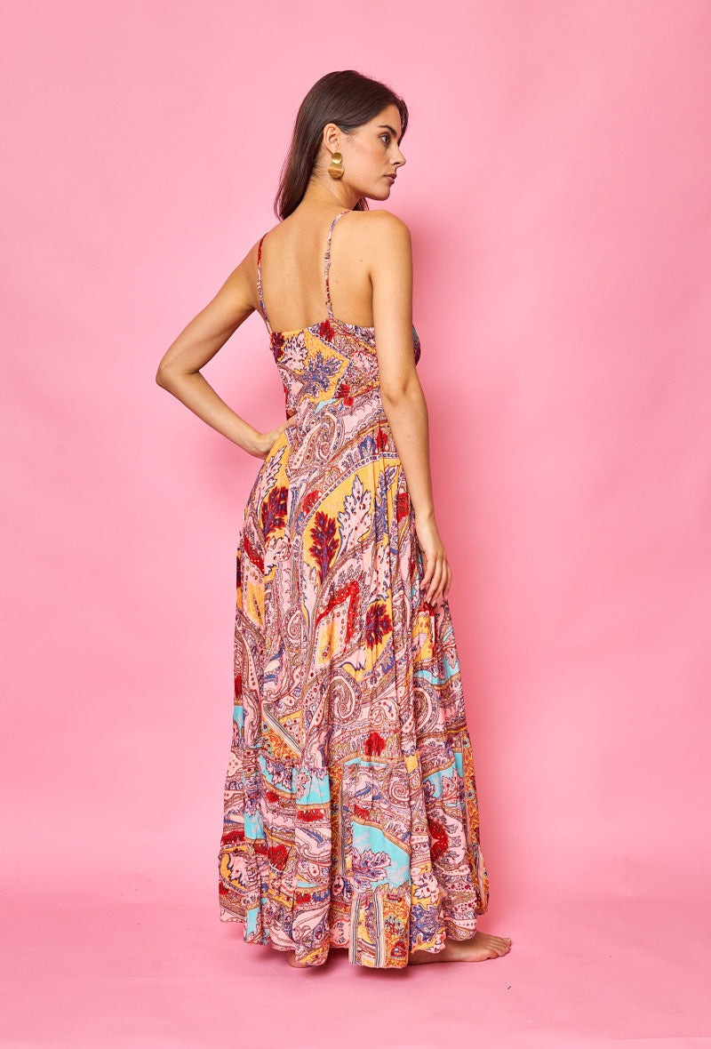 Maxi Multi Paisley Print Silk Strappy Dress