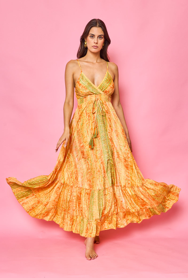 Maxi Orange Print Silk Strappy Dress