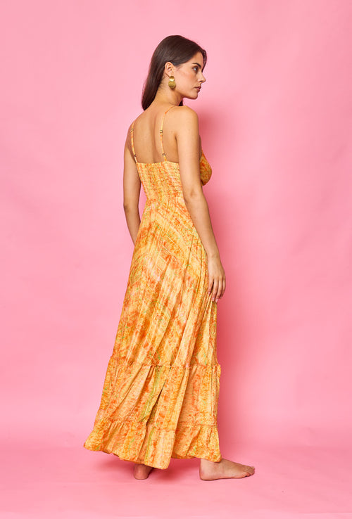 Maxi Orange Print Silk Strappy Dress