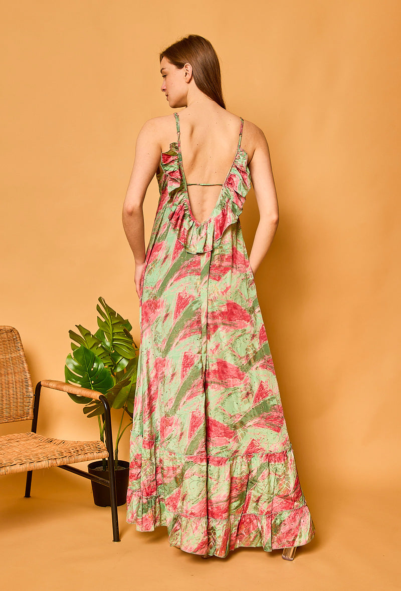 Oversize Maxi Multi Silk Dress With A Frill Back