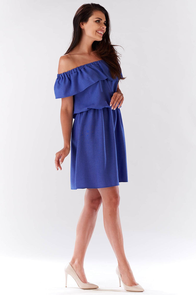 Mini Blue Off The Shoulder Linen Dress With Elastic Waist - So Chic Boutique