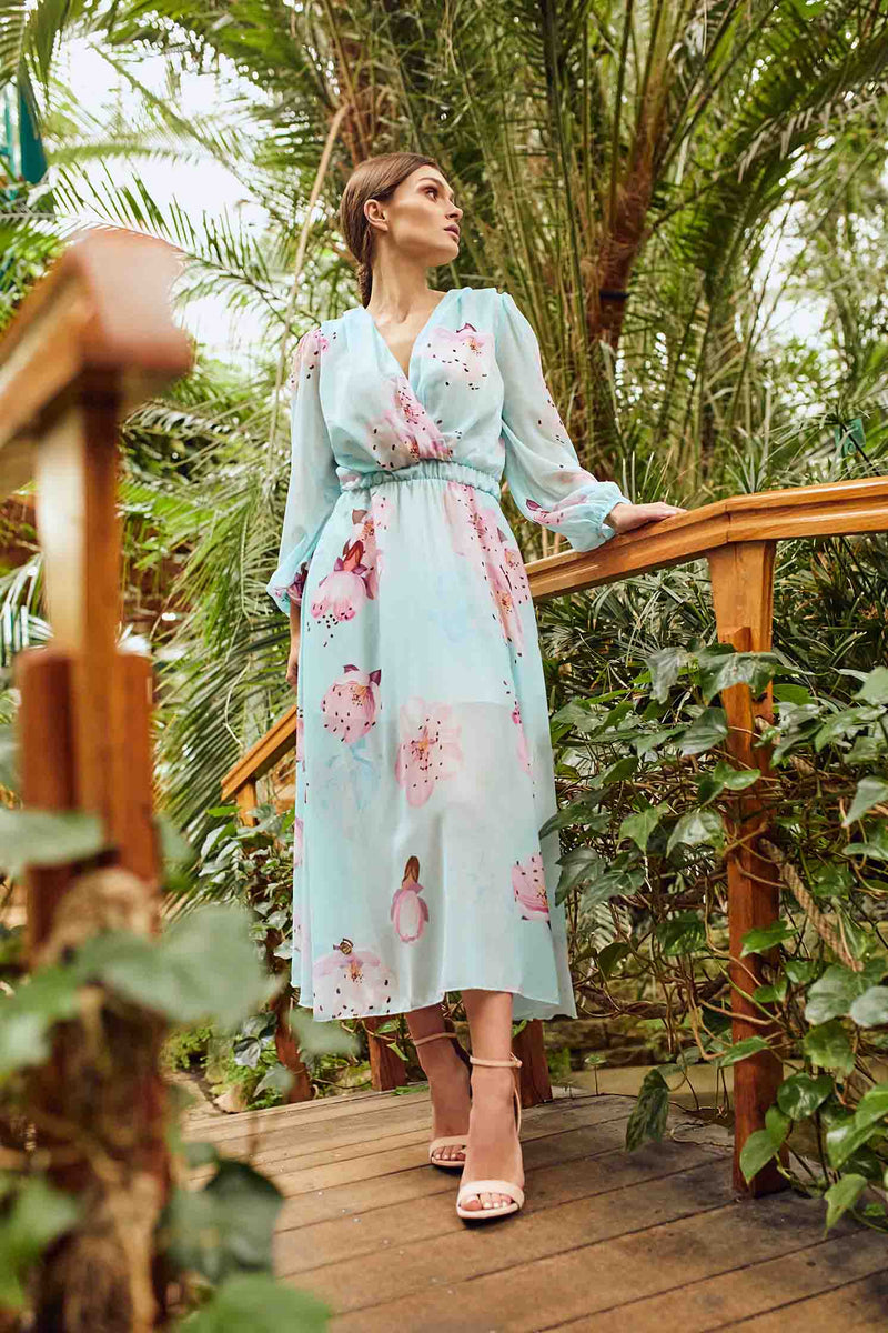 Light Blue Floral Midi Chiffon Dress With Long Sleeves - So Chic Boutique