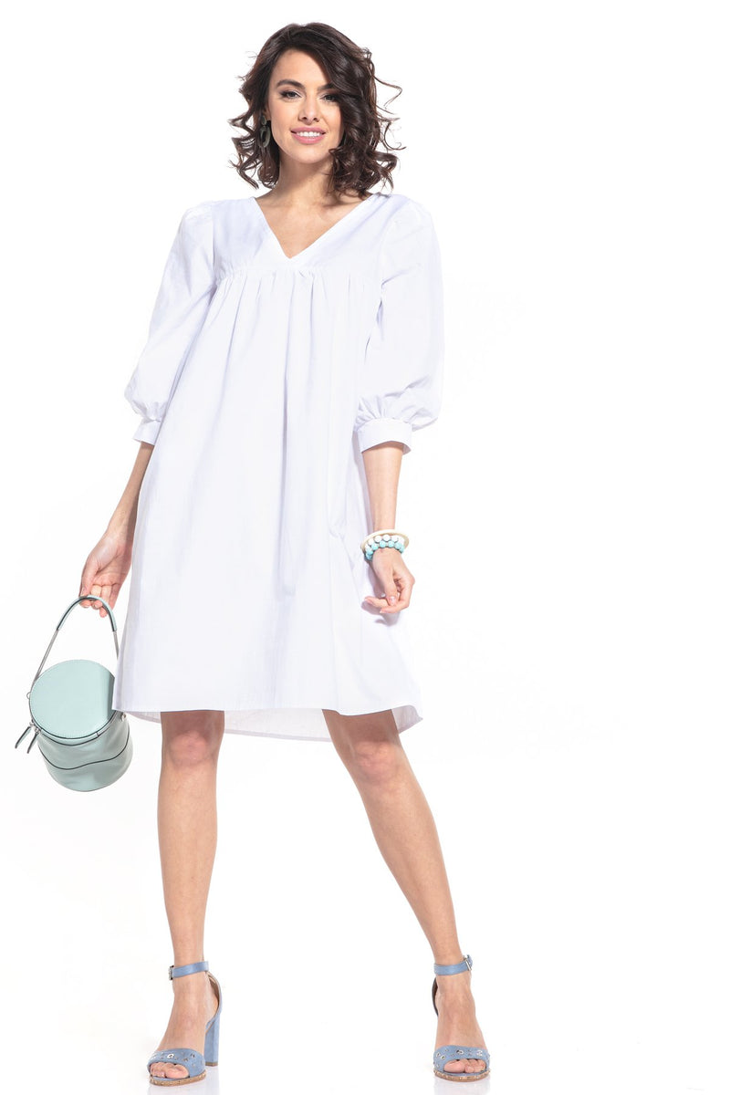 White Cotton Midi Dress With 3/4 Puff Sleeves - So Chic Boutique
