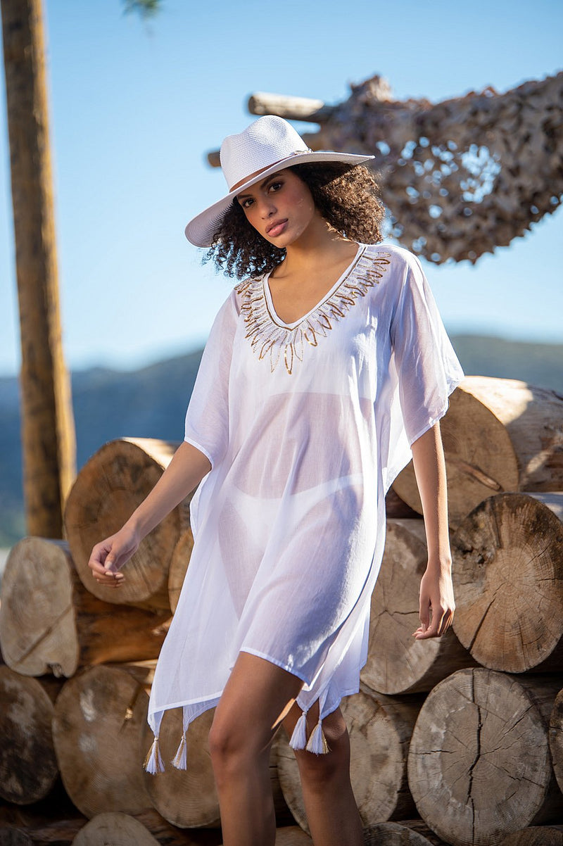 White Beach Kaftan With Embroidered Beads