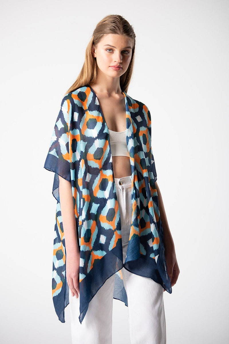 Blue And Orange Print Kimono