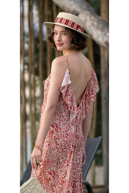 Red Print Open Back Maxi Dress