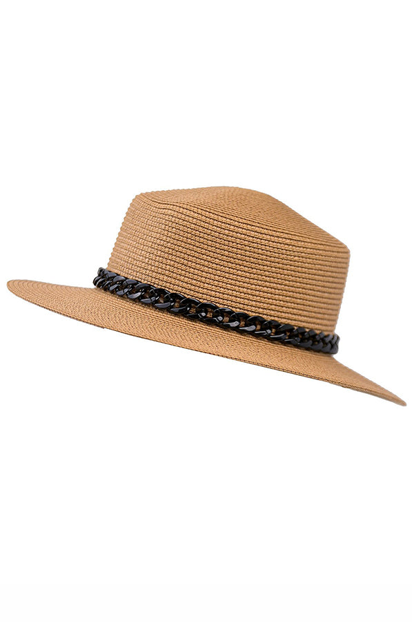 Camel Straw Hat With Black Chain