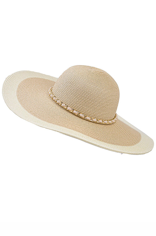 Large Ecru Straw Hat With Gold Chain