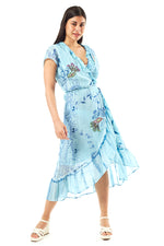 Midi Blue Floral Wrap Dress