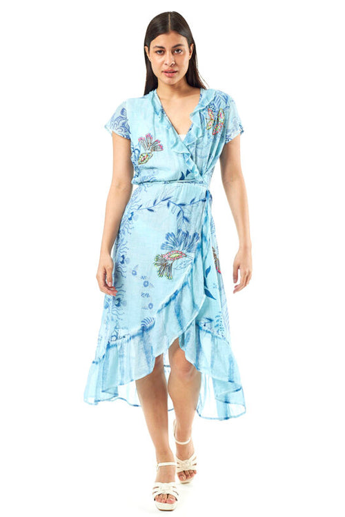Midi Blue Floral Wrap Dress