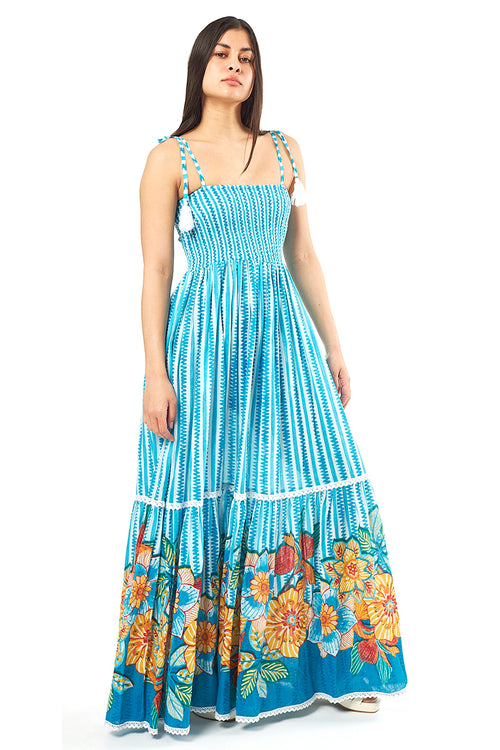 Blue Maxi Dress With Floral Print Hem
