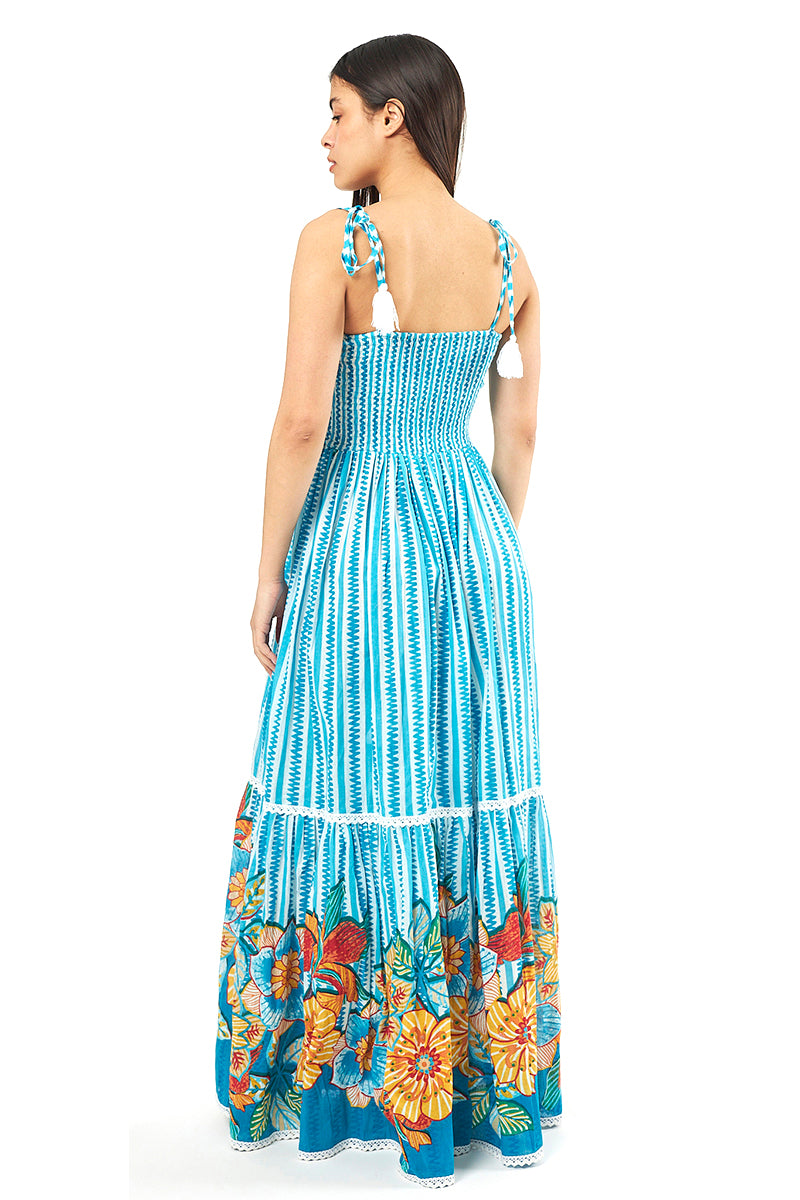 Blue Maxi Dress With Floral Print Hem