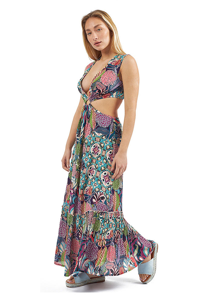 Multi Print Maxi Viscose Dress With Cut Outs
