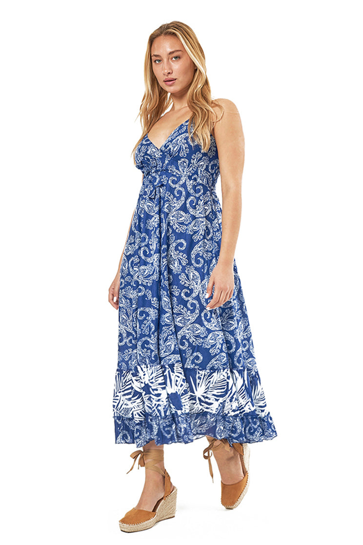 Blue Maxi Cotton Dress With Paisley Print