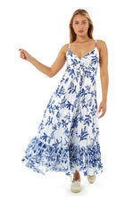 White Maxi Cotton Dress With Blue Print