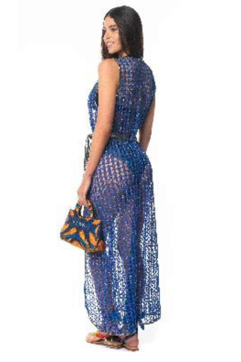 blue sheer cover up dress Blue Abstract Print Sheer Mesh Plunge Maxi Beach Dress
