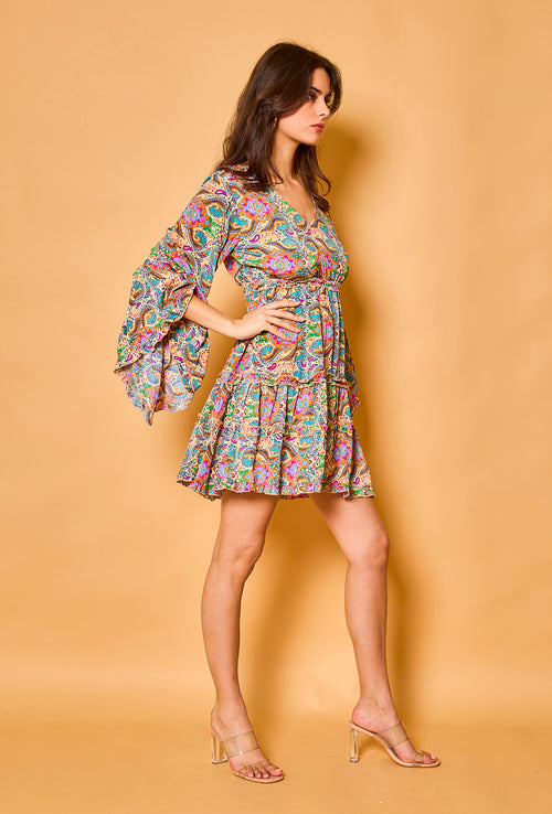 Beige Paisley Print Batwing Sleeve Silk Dress