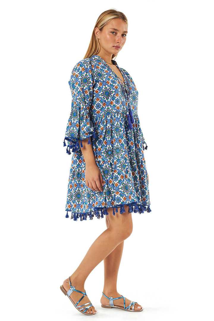 Blue And Orange Print Cotton Dress