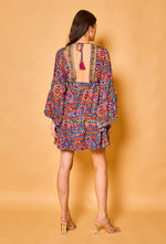 Blue Paisley Print Batwing Sleeve Silk Dress