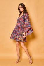 Blue Paisley Print Batwing Sleeve Silk Dress