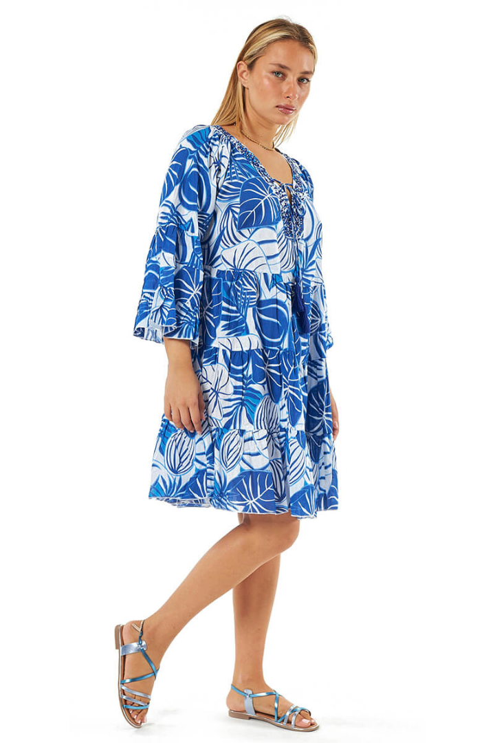 Blue Tropical Print Cotton Dress