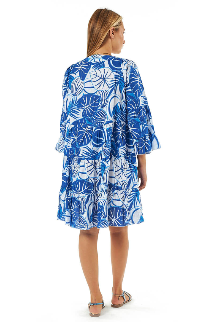 Blue Tropical Print Cotton Dress