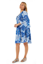 Blue Tropical Print Cotton Dress