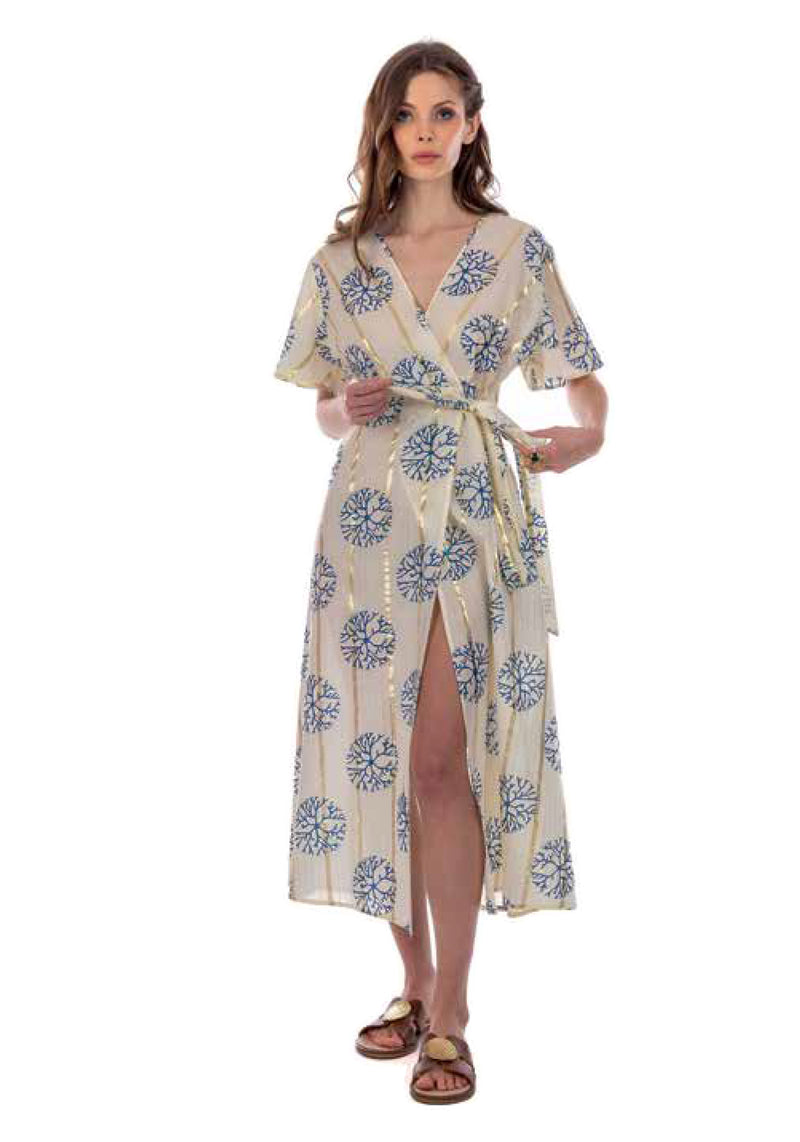 Ecru Wrap Dress With Corals Print