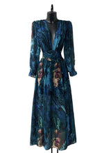 Maxi Abstract Blue Print V Neckline Dress