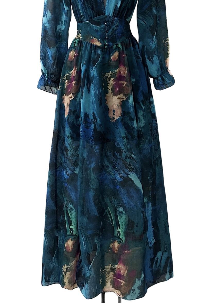 Maxi Abstract Blue Print V Neckline Dress