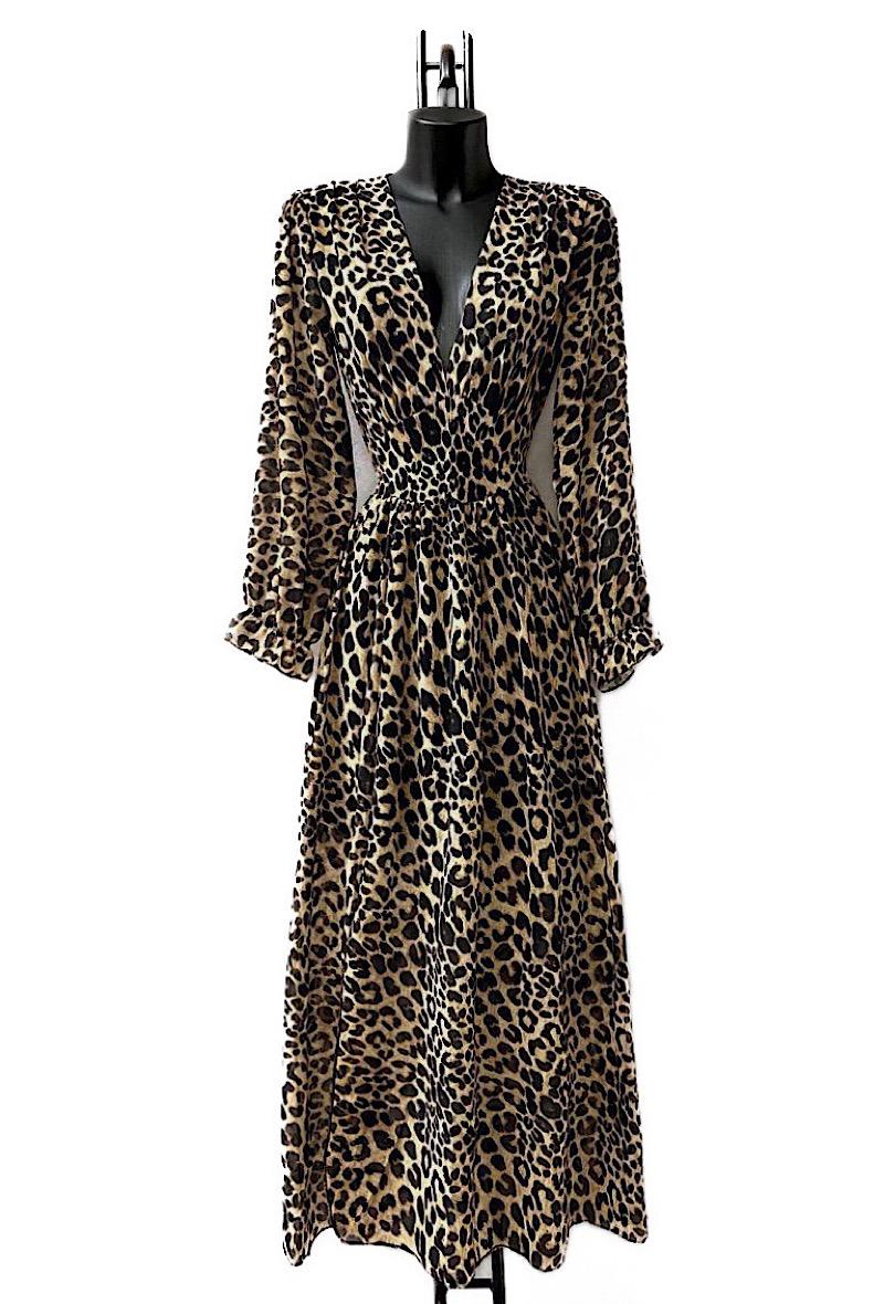 Maxi Leopard Print V Neckline Dress