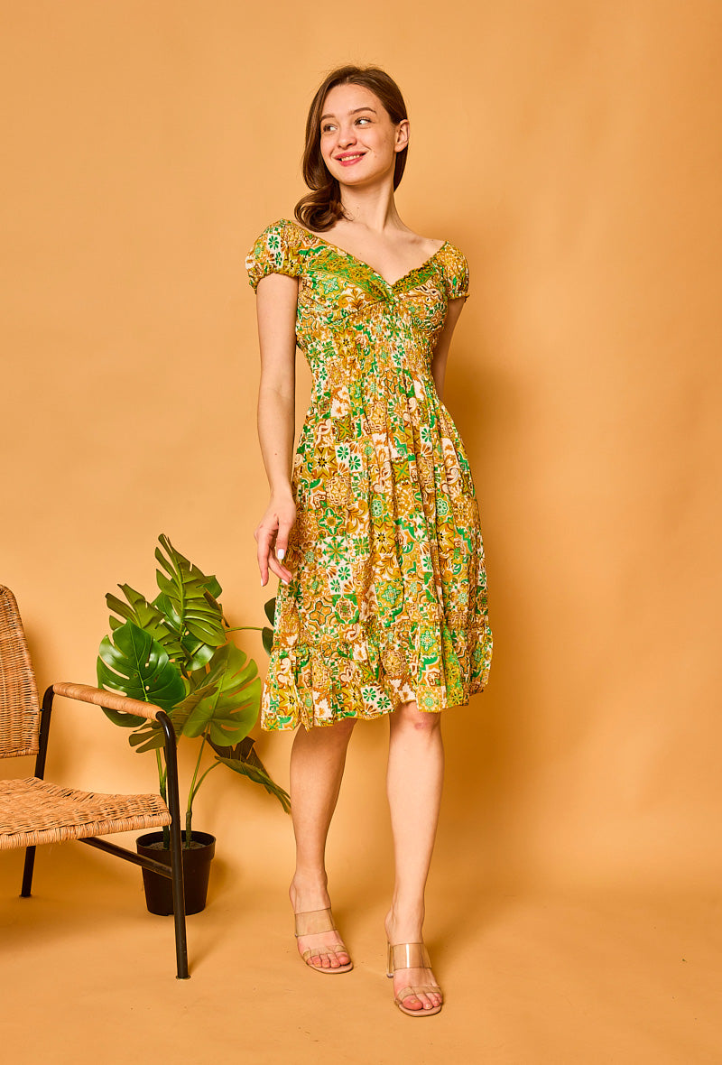 Lime Green Floral Print Silk Dress