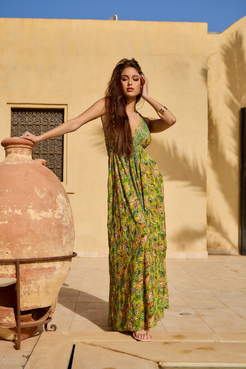 Green Maxi Silk Dress With Lurex Details