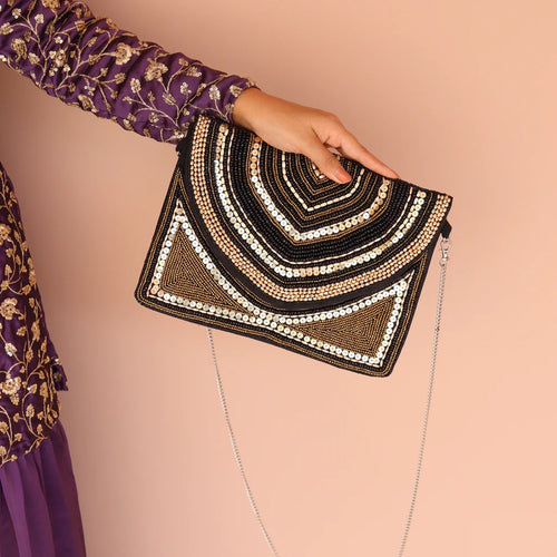 Black And Gold Handmade Embroidered Clutch Bag