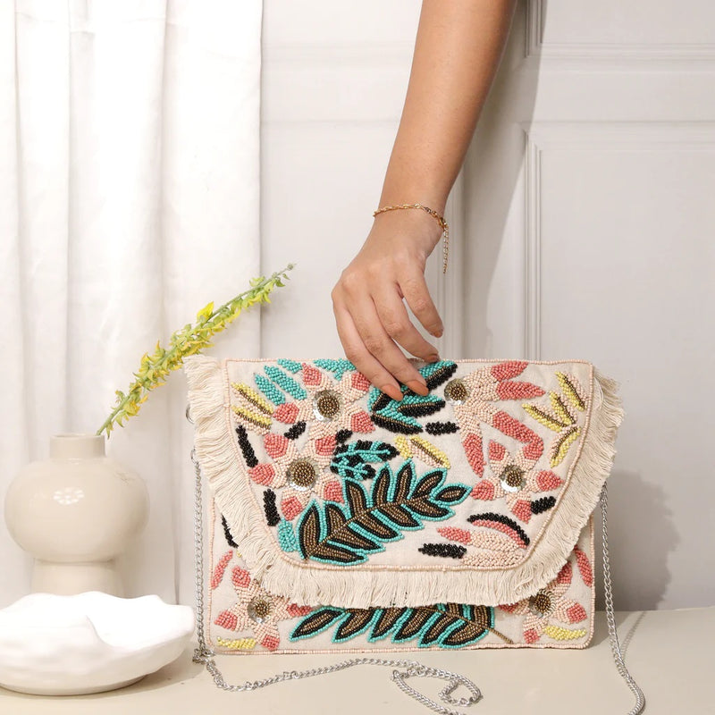Off White Handmade Embroidered Clutch Bag