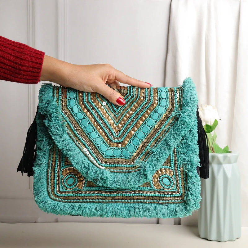 Turquoise Handmade Embroidered Clutch Bag With Tassels