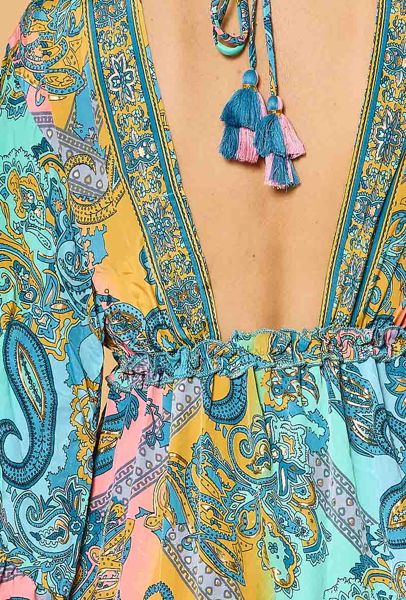 Light Blue Paisley Print Batwing Sleeve Silk Dress